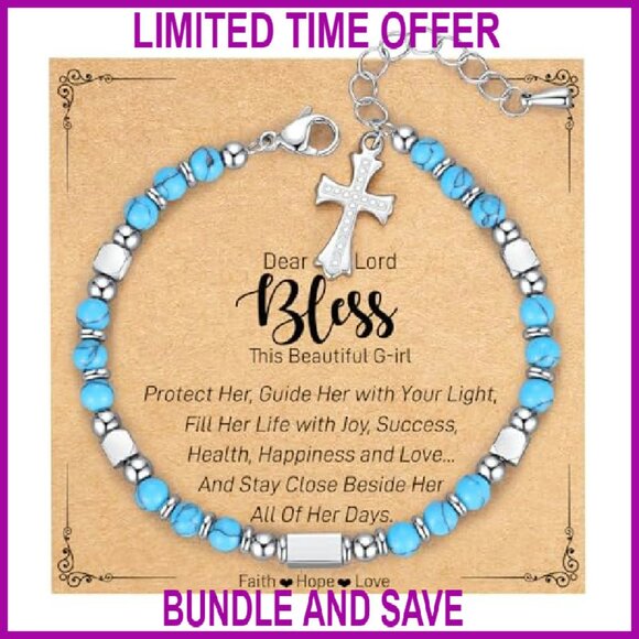 Adjustable Stainless Steel Cross Bracelet with Gemstones, Christian Gift - Picture 2 of 8